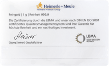 1g Goldbarren Heimerle und Meule Glückwunsch FineCard