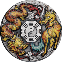 2 Unze Silber Drache und Qilin 2022 AF Fabelwesen (Auflage: 888 | Antik Finish)