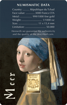 Gold Jan Vermeer Mädchen mit dem Perlenohrring Münze (Auflage: 50.000)